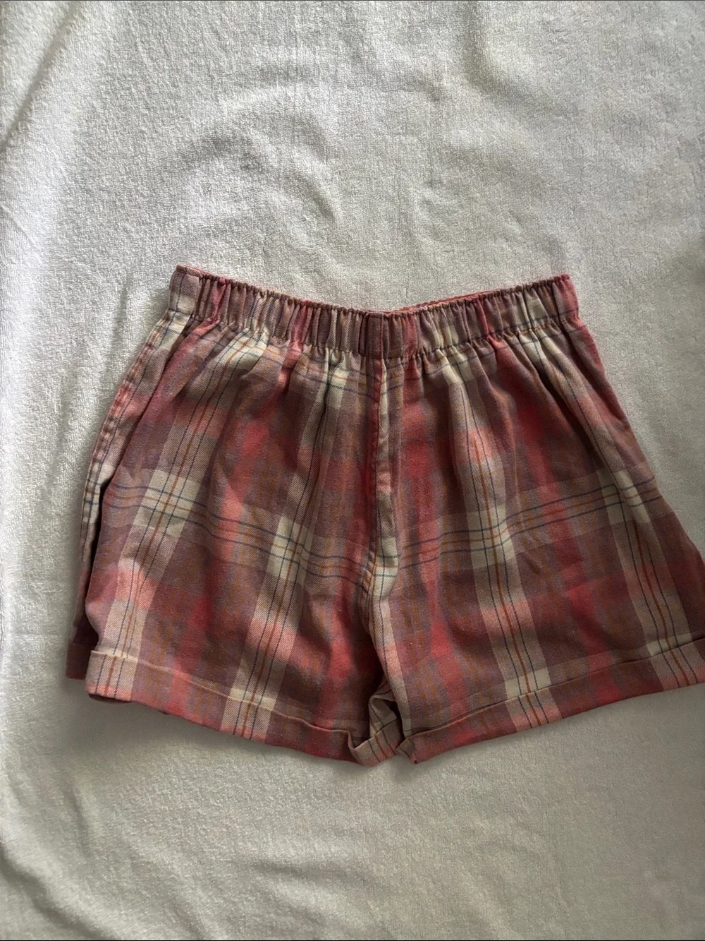Free People Plaid Button-Front Lounge Shorts in Coral and Cream